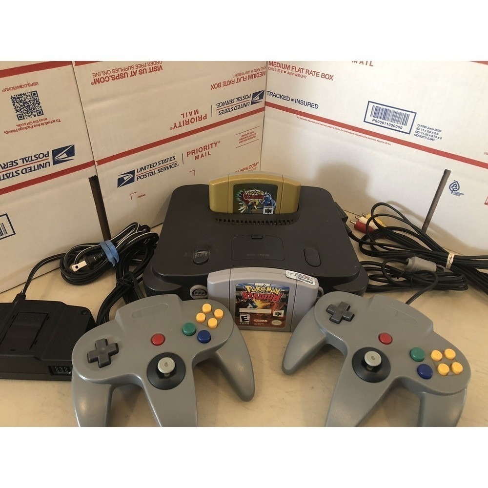 Nintendo 64 N64 Bundle + Cables +2 Controllers + Pokemon Stadium 1 & 2 tested